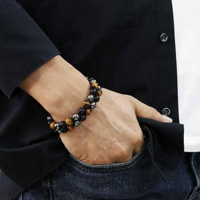 Bracelet Tressé Ajustable "3 Protections" en Hématite, Oeil de Tigre & Obsidienne - Force, équilibre et protection -  by Fit Calm - Bracelet, Bracelets, homme, Hématite, Obsidienne, Obsidienne noire, Oeil de tigre, taille