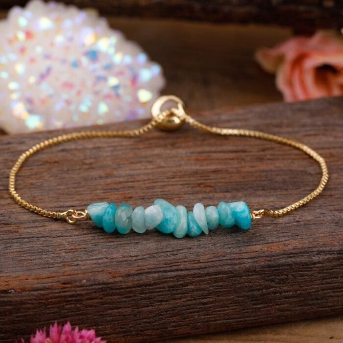 Natural Irregular Stones Thin Bracelet - by Fit Calm - black agate, aquamarine, amazonite, apatite, green aventurine, bracelet, Bracelets, thin, kunzite, new march 2022, sunstone, peridot, clear quartz, strawberry quartz, rose quartz, turquoise, unique