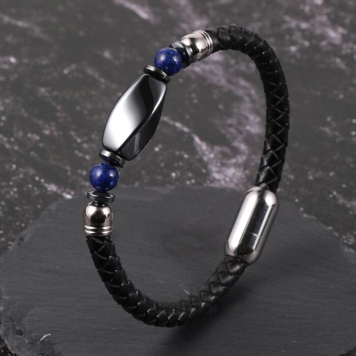 Braided Leather & Hematite Bracelet - by Fit Calm - Bracelet, man, Hematite, lapis lazuli, multi-stones, FEBRUARY NOVELTIES, Obsidian, Black Obsidian, Tiger Eye, size, braided