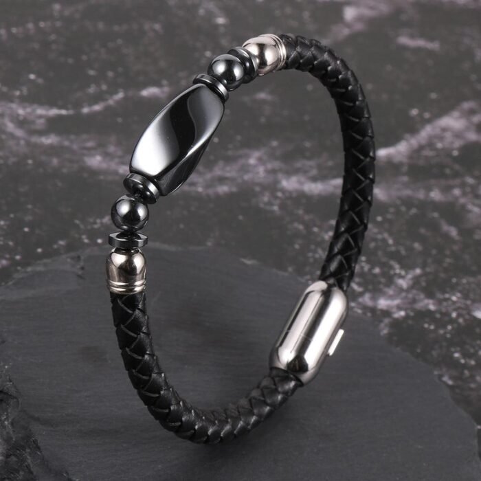 Braided Leather & Hematite Bracelet - by Fit Calm - Bracelet, man, Hematite, lapis lazuli, multi-stones, FEBRUARY NOVELTIES, Obsidian, Black Obsidian, Tiger Eye, size, braided
