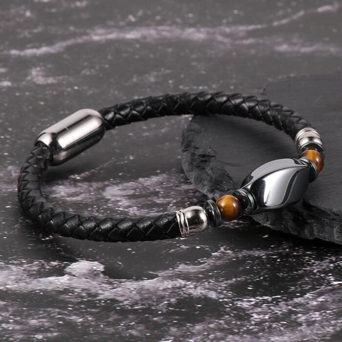 Braided Leather & Hematite Bracelet - by Fit Calm - Bracelet, man, Hematite, lapis lazuli, multi-stones, FEBRUARY NOVELTIES, Obsidian, Black Obsidian, Tiger Eye, size, braided