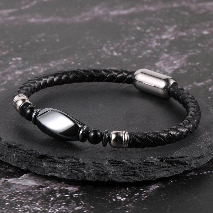 Braided Leather & Hematite Bracelet - by Fit Calm - Bracelet, man, Hematite, lapis lazuli, multi-stones, FEBRUARY NOVELTIES, Obsidian, Black Obsidian, Tiger Eye, size, braided