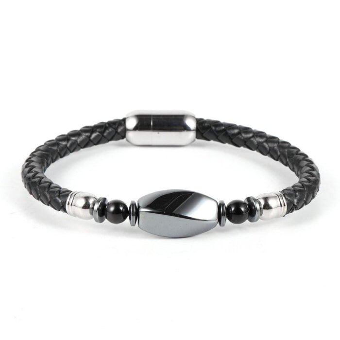 Braided Leather & Hematite Bracelet - by Fit Calm - Bracelet, man, Hematite, lapis lazuli, multi-stones, FEBRUARY NOVELTIES, Obsidian, Black Obsidian, Tiger Eye, size, braided