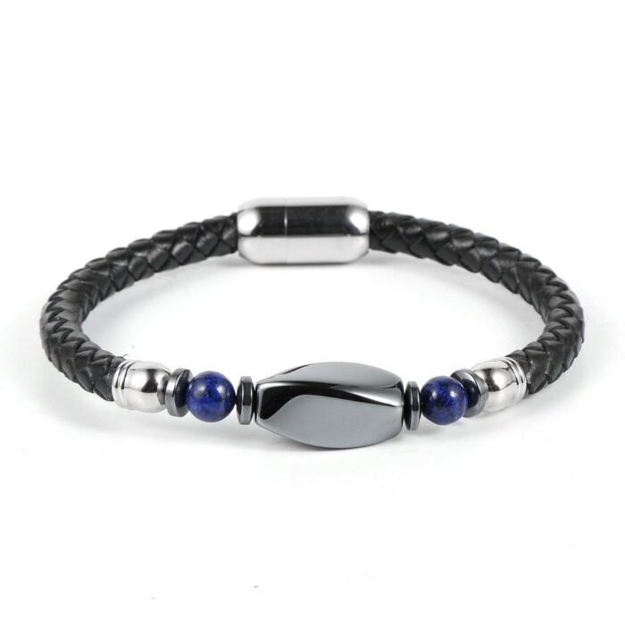 Braided Leather & Hematite Bracelet - by Fit Calm - Bracelet, man, Hematite, lapis lazuli, multi-stones, FEBRUARY NOVELTIES, Obsidian, Black Obsidian, Tiger Eye, size, braided