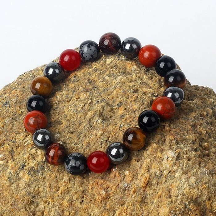 Bracelet "Ancrage & Protection" en Tourmaline, Jaspe Rouge, Hématite & Oeil de Tigre -  by Fit Calm - Bracelet, cornaline, homme, Hématite, Jaspe rouge, multi-pierres, NOUVEAUTES MARS, Obsidienne flocon de neige, Oeil de Taureau, Oeil de tigre, taille, tourmaline noire