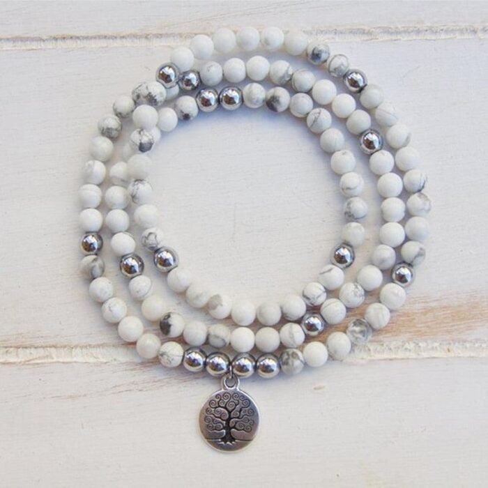 Howlite Mala "Feminine Wellness" Bracelet - by Fit Calm - soothing, Bracelet, balance, Howlite, Hematite, Mala, multi-stones, multi-turns