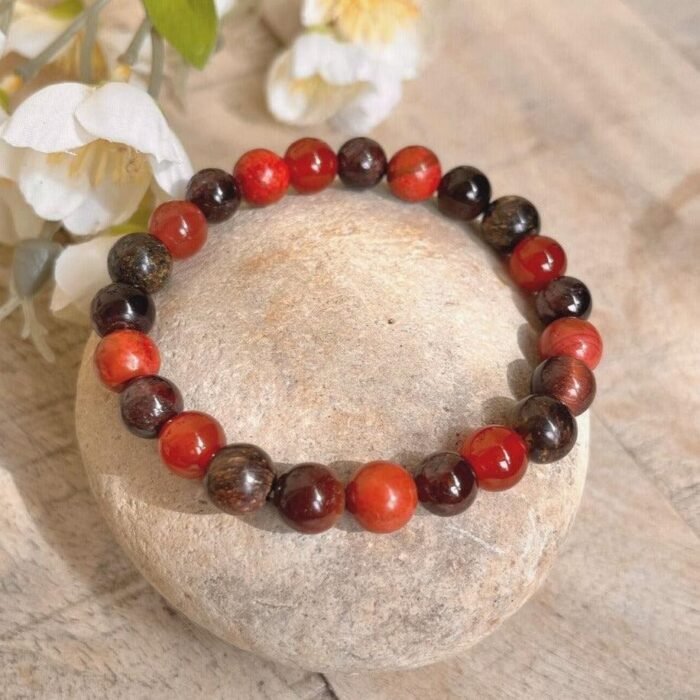 Bracelet "Chakra Racine" en Bronzite, Grenat, Jaspe & Agate Rouge -  by Fit Calm - Agate rouge, Bracelet, Bracelets, Bronzite, Grenat, homme, Jaspe rouge, love, multi-pierres, NOUVEAUTES OCTOBRE 2022, taille