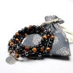 Bracelet Mala "Ancrage & Protection" en Oeil de Tigre, Obsidienne & Hématite - 200000147 by Fit Calm - Bracelet, fleur de vie, homme, hématite, mala, multi-pierres, multi-tours, nouveautés de juillet 2021, obsidienne, oeil de tigre, protection