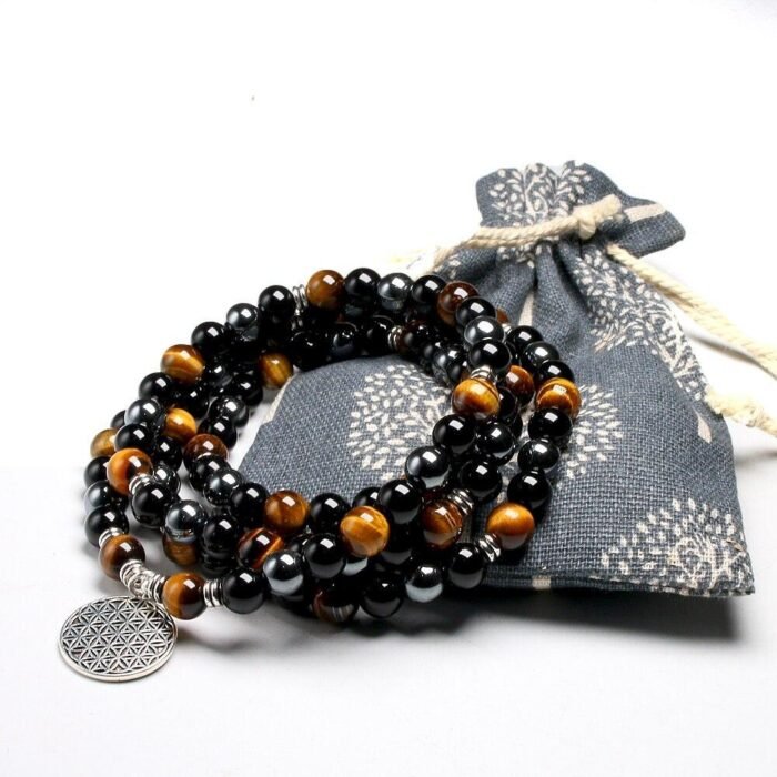 Bracelet Mala "Ancrage & Protection" en Oeil de Tigre, Obsidienne & Hématite - 200000147 by Fit Calm - Bracelet, fleur de vie, homme, hématite, mala, multi-pierres, multi-tours, nouveautés de juillet 2021, obsidienne, oeil de tigre, protection