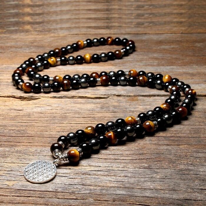 Bracelet Mala "Ancrage & Protection" en Oeil de Tigre, Obsidienne & Hématite - 200000147 by Fit Calm - Bracelet, fleur de vie, homme, hématite, mala, multi-pierres, multi-tours, nouveautés de juillet 2021, obsidienne, oeil de tigre, protection