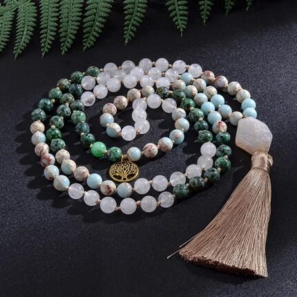 Collier Mala Premium "Sagesse" en Turquoise Africaine, Jaspe Impérial & Jade Blanc -  by Fit Calm - agate blanche, Jade, jaspe impérial, Mala, mala premium, NOUVEAUTES MARS, Turquoise Africaine