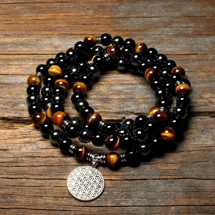 Bracelet Mala "Ancrage & Protection" en Oeil de Tigre, Obsidienne & Hématite - 200000147 by Fit Calm - Bracelet, fleur de vie, homme, hématite, mala, multi-pierres, multi-tours, nouveautés de juillet 2021, obsidienne, oeil de tigre, protection