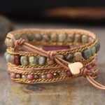 Wrap bracelet "Compassion" in Rhodonite & Jasper Aqua Terra - Inner peace and energetic balance - by Fit Calm - Bracelet, bracelet wrap, Jasper Aqua Terra, multi-stones, multi-turns, new june 2021, Rhodochrosite, braided