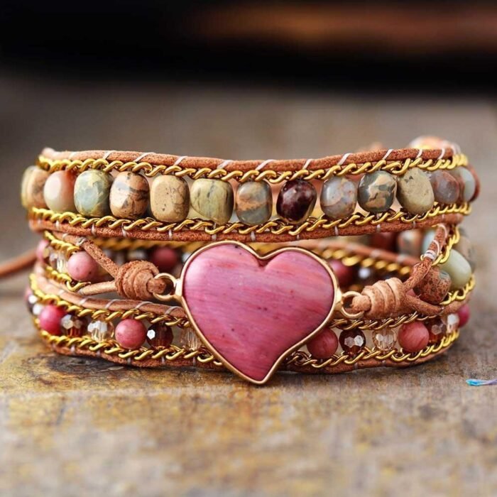 Wrap bracelet "Compassion" in Rhodonite & Jasper Aqua Terra - Inner peace and energetic balance - by Fit Calm - Bracelet, bracelet wrap, Jasper Aqua Terra, multi-stones, multi-turns, new june 2021, Rhodochrosite, braided