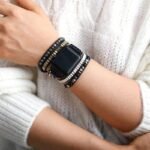Black Wrap Apple Watch Band in Larvikite & Jasper - Elegant and versatile accessory - by Fit Calm - apple watch, band, man, jasper, larkivit, nouveautes de décembre 2021