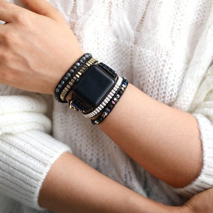 Black Wrap Apple Watch Band in Larvikite & Jasper - Elegant and versatile accessory - by Fit Calm - apple watch, band, man, jasper, larkivit, nouveautes de décembre 2021