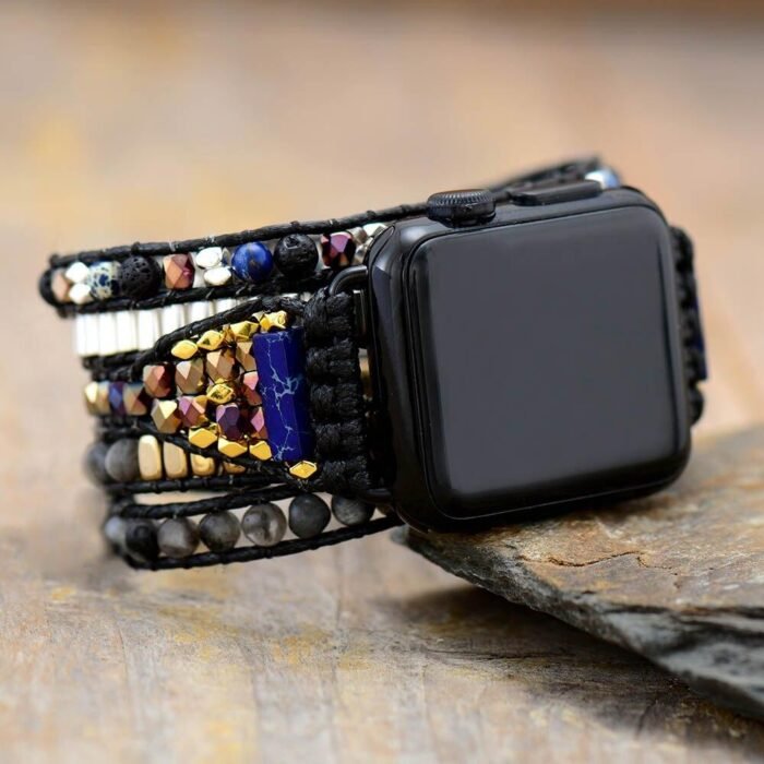 Black Wrap Apple Watch Band in Larvikite & Jasper - Elegant and versatile accessory - by Fit Calm - apple watch, band, man, jasper, larkivit, nouveautes de décembre 2021