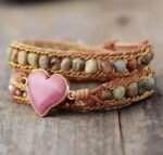 Wrap bracelet "Compassion" in Rhodonite & Jasper Aqua Terra - Inner peace and energetic balance - by Fit Calm - Bracelet, bracelet wrap, Jasper Aqua Terra, multi-stones, multi-turns, new june 2021, Rhodochrosite, braided