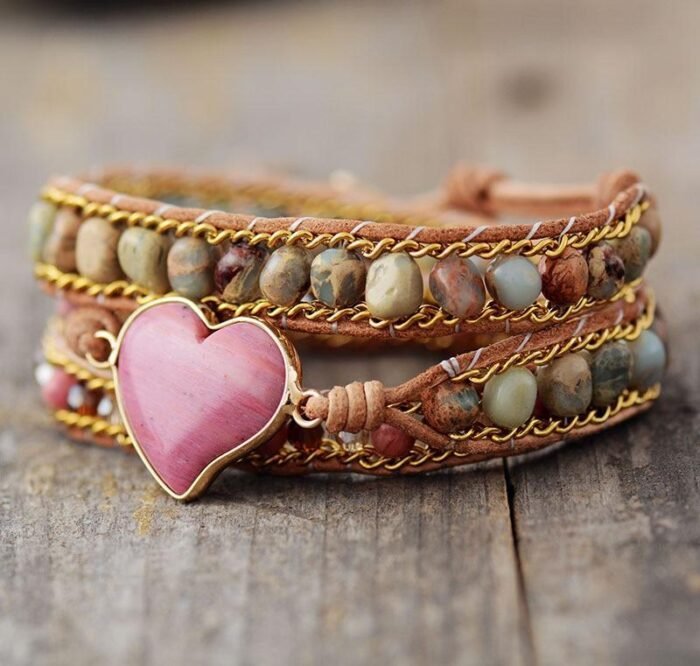 Wrap bracelet "Compassion" in Rhodonite & Jasper Aqua Terra - Inner peace and energetic balance - by Fit Calm - Bracelet, bracelet wrap, Jasper Aqua Terra, multi-stones, multi-turns, new june 2021, Rhodochrosite, braided