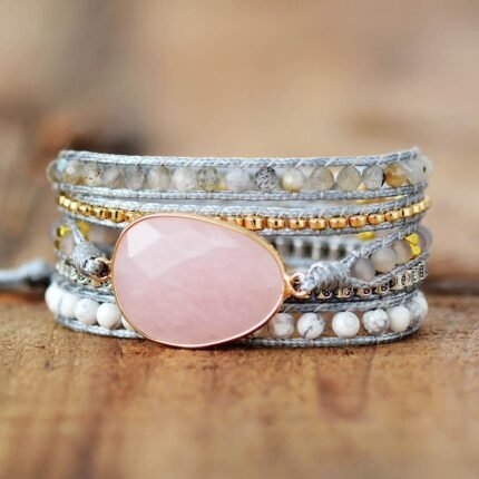 Bracelet Wrap "Rêverie" en Quartz Rose & Howlite - 200000147 by Fit Calm - best, Bracelet, Howlite, multi-pierres, multi-tours, nouveautés de mai 2021, Quartz rose, tressé