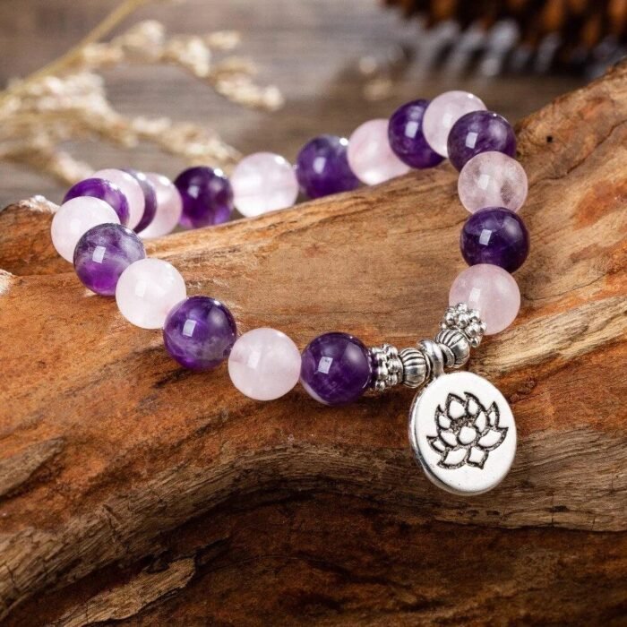 Bracelet "Amour & Spiritualité" en Améthyste & Quartz Rose - Éveillez votre cœur et votre esprit -  by Fit Calm - amour, Améthyste, apaisement, Bracelet, multi-pierres, Quartz rose, taille