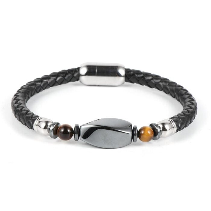 Braided Leather & Hematite Bracelet - by Fit Calm - Bracelet, man, Hematite, lapis lazuli, multi-stones, FEBRUARY NOVELTIES, Obsidian, Black Obsidian, Tiger Eye, size, braided