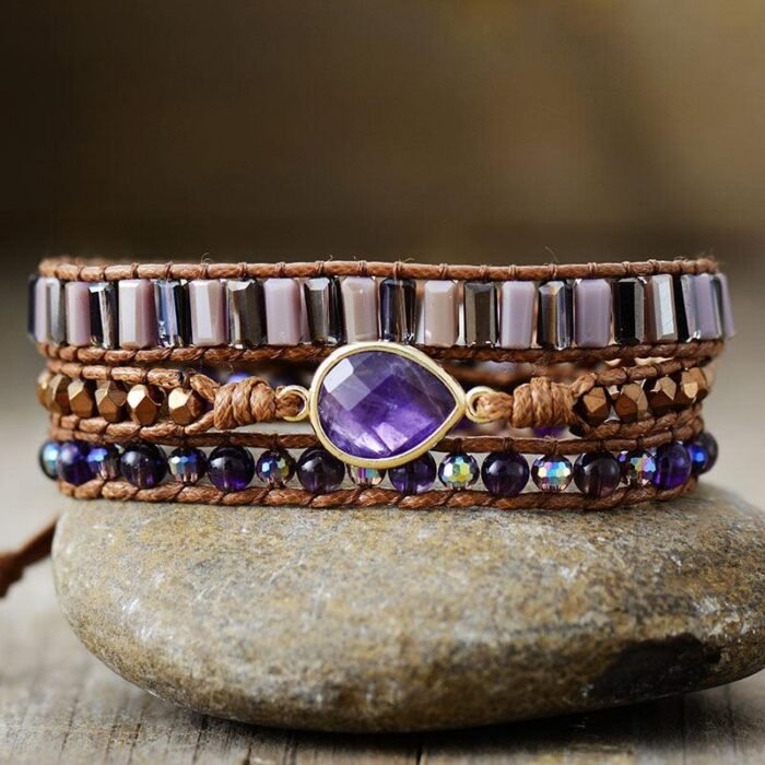 Exquisite Amethyst Wrap Bracelet - by Fit Calm - Amethyst, Bracelet, bracelet wrap, Bracelets, multi-stones, multi-turn, MAY NEW PRODUCTS, braided