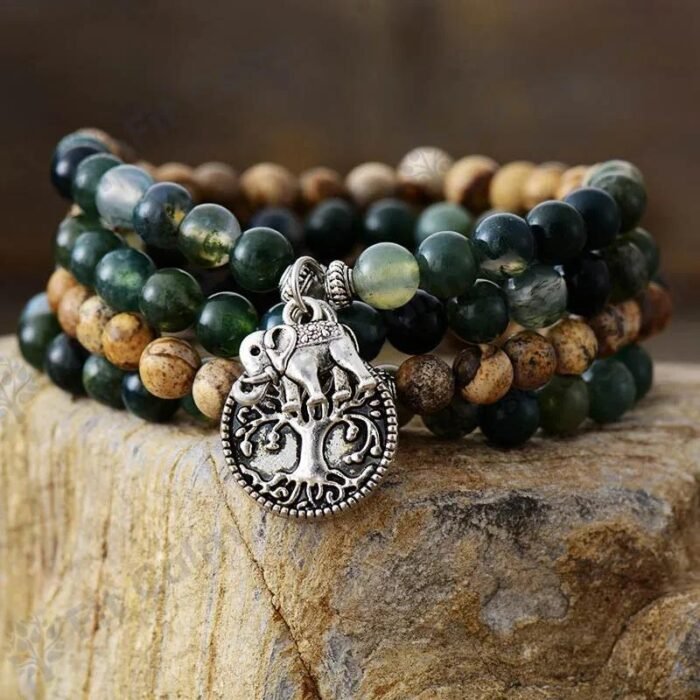 Bracelet Mala "Gaia" en Agate Mousse & Jaspe Paysage -  by Fit Calm - Agate Mousse, Bracelet, Bracelets, homme, Jaspe Paysage, Mala, malas, multi-pierres, multi-tours, NOUVEAUTES JANVIER, éléphant