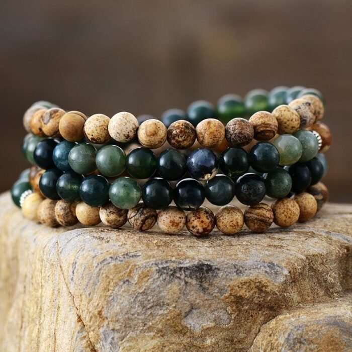 Bracelet Mala "Gaia" en Agate Mousse & Jaspe Paysage -  by Fit Calm - Agate Mousse, Bracelet, Bracelets, homme, Jaspe Paysage, Mala, malas, multi-pierres, multi-tours, NOUVEAUTES JANVIER, éléphant