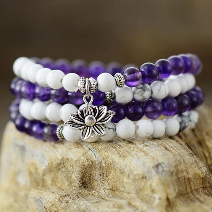 Bracelet Mala "Fleur de Lotus" en Améthyste & Howlite -  by Fit Calm - Améthyste, Bracelets, Collier Mala, Howlite, malas, multi-pierres, multi-tours, NOUVEAUTES JANVIER