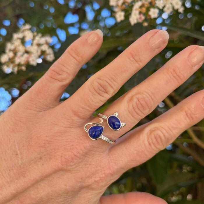 Adjustable Lapis Lazuli Cat Ring - by Fit Calm - Ring, expression, Kopy, Lapis Lazuli