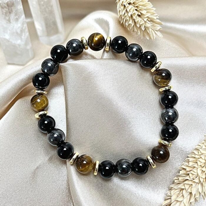 Bracelet "Confiance & Protection" en Oeil de Tigre, Hématite & Onyx -  by Fit Calm - Bracelet, homme, hématite, multi-pierres, nouveautés de février 2022, oeil de tigre, onyx  noire, protection, taille