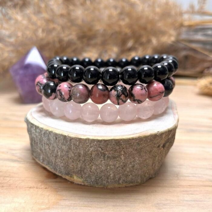 Trio de Bracelets "Paix & Équilibre" en Onyx, Quartz Rose & Rhodonite -  by Fit Calm - best, Best Seller, Bracelet, ensemble, multi-pierres, Onyx, Promotions, Quartz rose, Rhodonite, taille
