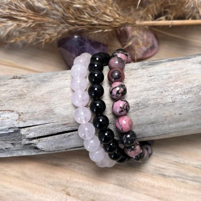 Trio de Bracelets "Paix & Équilibre" en Onyx, Quartz Rose & Rhodonite -  by Fit Calm - best, Best Seller, Bracelet, ensemble, multi-pierres, Onyx, Promotions, Quartz rose, Rhodonite, taille