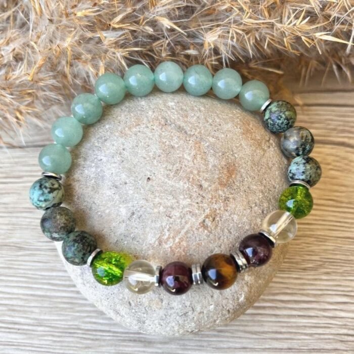 Bracelet "Positive Attitude" en Turquoise Africaine, Péridot, Aventurine & Citrine -  by Fit Calm - Aventurine, Aventurine verte, Bracelet, Citrine, confiance en soi, equilibre, multi-pierres, Oeil de tigre, Péridot, taille, Turquoise Africaine