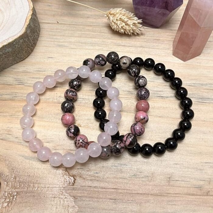 Trio de Bracelets "Paix & Équilibre" en Onyx, Quartz Rose & Rhodonite -  by Fit Calm - best, Best Seller, Bracelet, ensemble, multi-pierres, Onyx, Promotions, Quartz rose, Rhodonite, taille