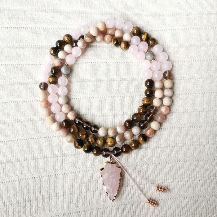 Collier Mala Premium "Amour & Protection" en Pierres Naturelles -  by Fit Calm - mala, malas, nouveautés avril 2022, oeil de tigre, pierre de soleil, quartz rose, Quarz fumé