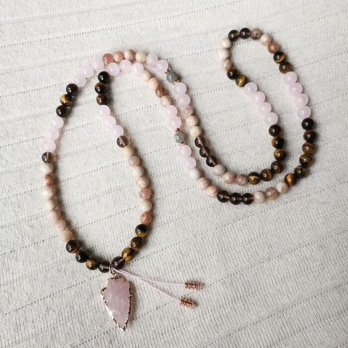 Collier Mala Premium "Amour & Protection" en Pierres Naturelles -  by Fit Calm - mala, malas, nouveautés avril 2022, oeil de tigre, pierre de soleil, quartz rose, Quarz fumé