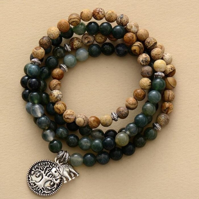 Bracelet Mala "Gaia" en Agate Mousse & Jaspe Paysage -  by Fit Calm - Agate Mousse, Bracelet, Bracelets, homme, Jaspe Paysage, Mala, malas, multi-pierres, multi-tours, NOUVEAUTES JANVIER, éléphant