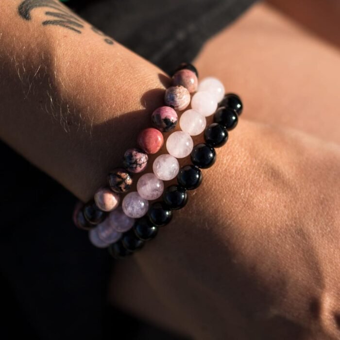 Trio de Bracelets "Paix & Équilibre" en Onyx, Quartz Rose & Rhodonite -  by Fit Calm - best, Best Seller, Bracelet, ensemble, multi-pierres, Onyx, Promotions, Quartz rose, Rhodonite, taille
