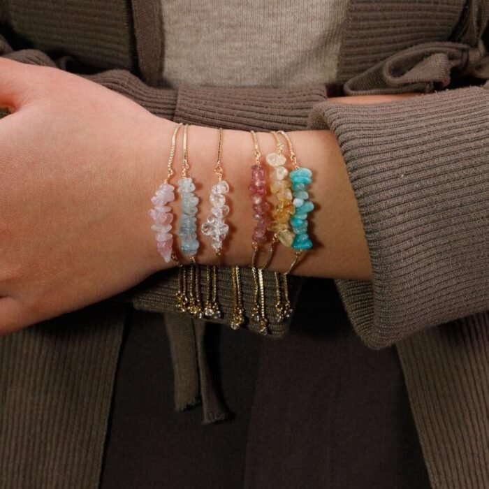 Natural Irregular Stones Thin Bracelet - by Fit Calm - black agate, aquamarine, amazonite, apatite, green aventurine, bracelet, Bracelets, thin, kunzite, new march 2022, sunstone, peridot, clear quartz, strawberry quartz, rose quartz, turquoise, unique