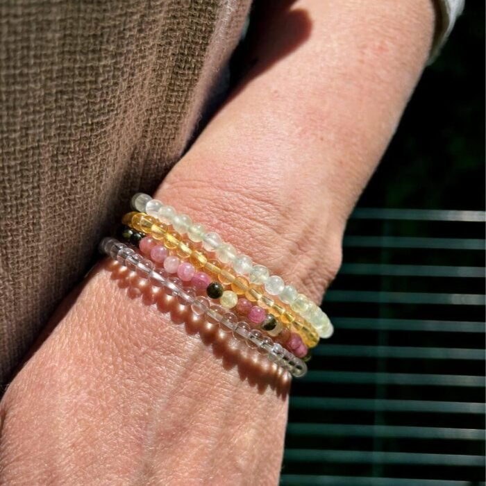 Ensemble "Joie & Bonheur" en Citrine, Tourmaline Multicolore, Cristal de Roche & Préhnite -  by Fit Calm - Bracelet, Bracelets, Citrine, Cristal de roche, ensemble, NOUVEAUTES MAI, préhnite, taille, tourmaline multi-colore, tourmaline multicolore