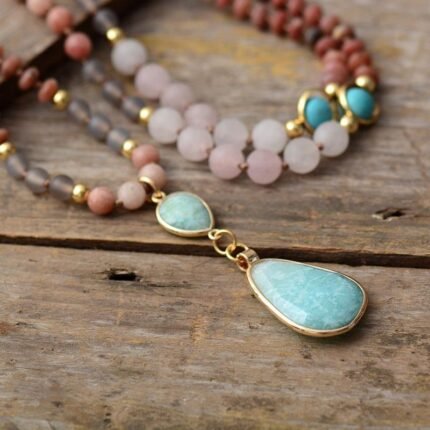 Collier Mala Ethnique en Turquoise, Amazonite, Quartz Rose & Rhodonite -  by Fit Calm - amazonite, amour, apaisement, Mala, nouveautés de janvier 2021, Quartz rose, rhodochrosite, turquoise