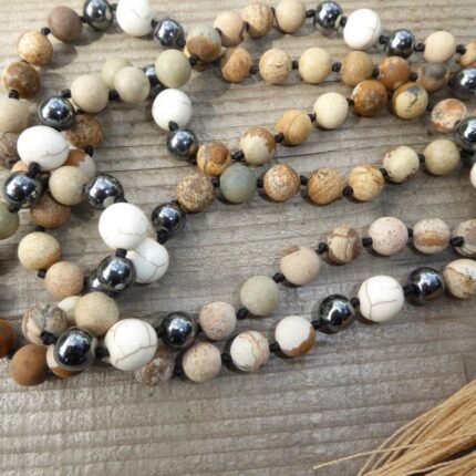 Collier Mala "Lucidité" en Jaspe Paysage, Hématite & Howlite -  by Fit Calm - apaisement, Howlite, Hématite, Jaspe Paysage, MAI, Mala, vitalité