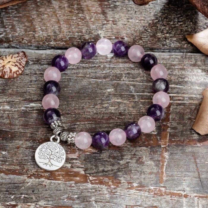 Bracelet "Amour & Spiritualité" en Améthyste & Quartz Rose - Éveillez votre cœur et votre esprit -  by Fit Calm - amour, Améthyste, apaisement, Bracelet, multi-pierres, Quartz rose, taille