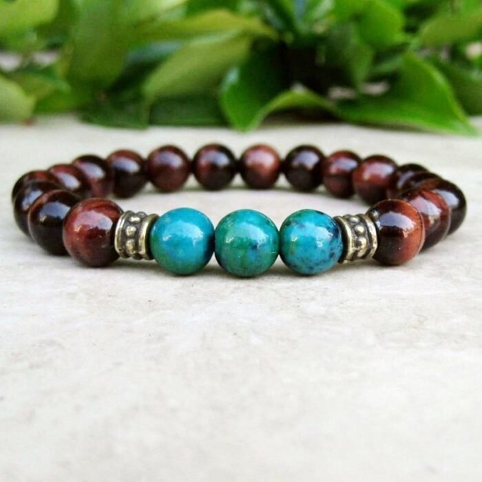 Bracelet "Équilibre Intérieur" en Œil de Taureau & Chrysocolle - Dissipez l'Anxiété et Trouvez la Paix Intérieure -  by Fit Calm - Bracelet, Chrysocolle, equilibre, homme, multi-pierres, Oeil de Taureau, protection, taille